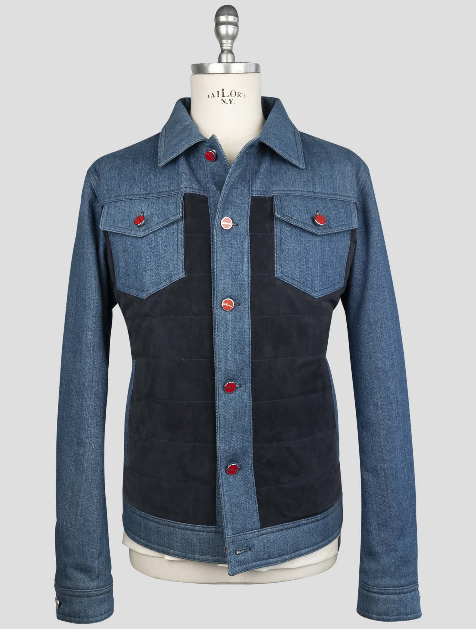 Kiton Blue Cotton Ea Leather Suede Coat