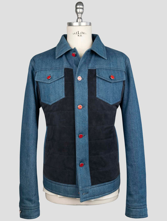 Kiton Blue Cotton Ea Leather Suede Coat