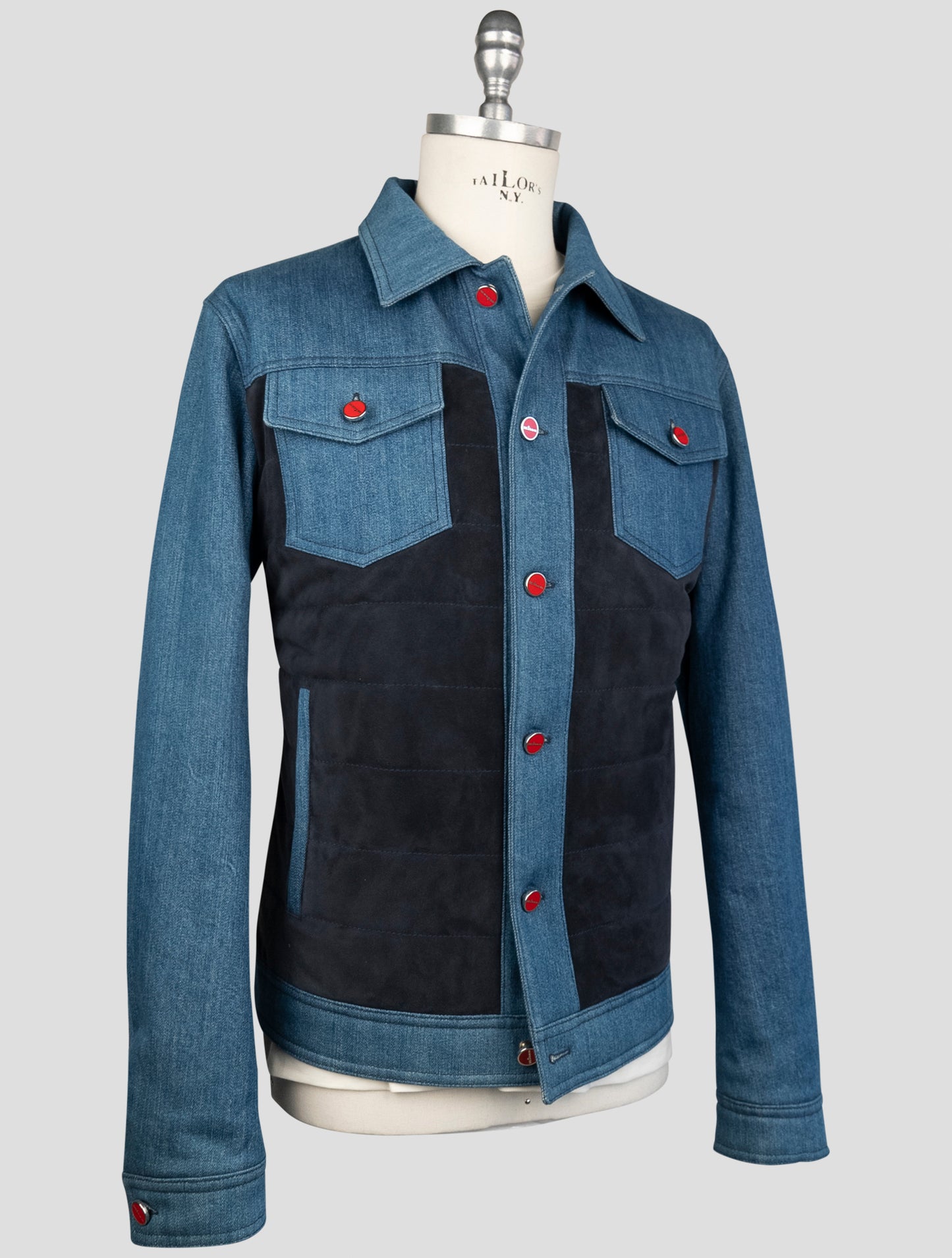 Kiton Blue Cotton Ea Leather Suede Coat