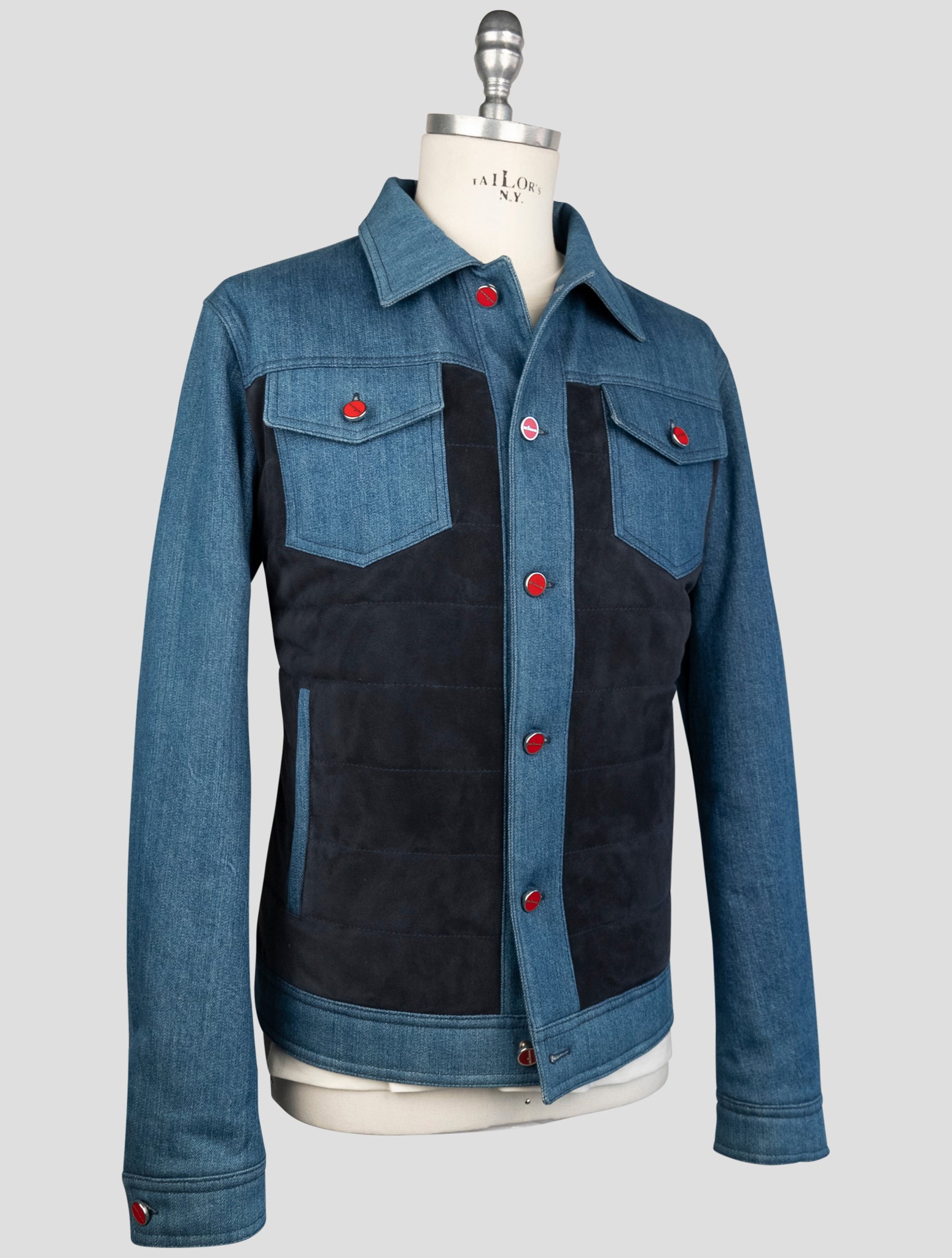 Kiton Blue Cotton Ea Leather Suede Coat
