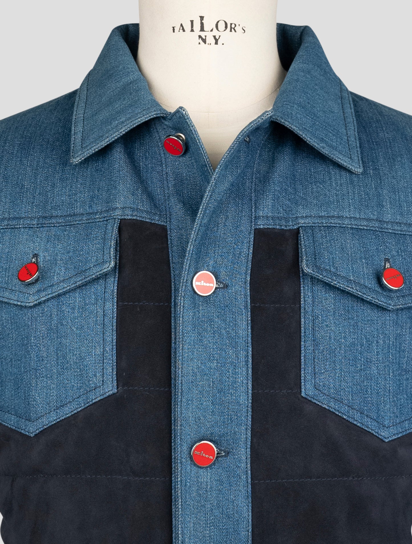 Kiton Blue Cotton Ea Leather Suede Coat