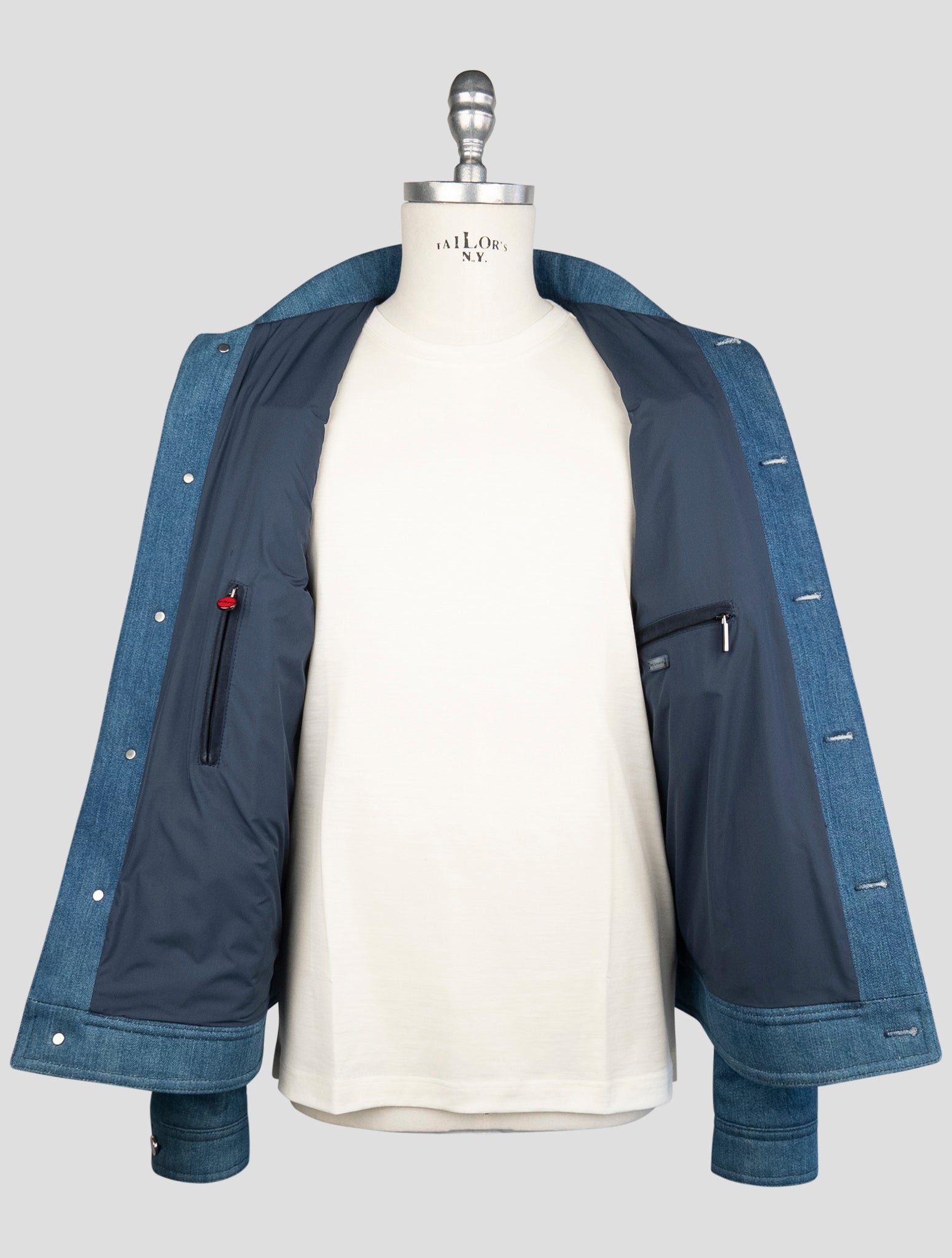 Kiton Blue Cotton Ea Leather Suede Coat