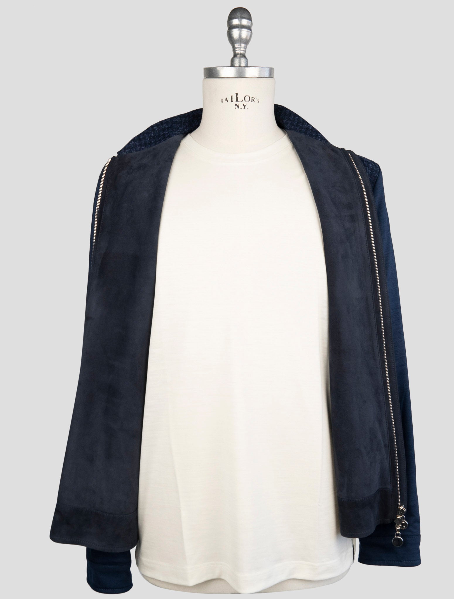 Kiton Blue Cotton Virgin Wool Silk Pl Leather Suede Reverse Coat