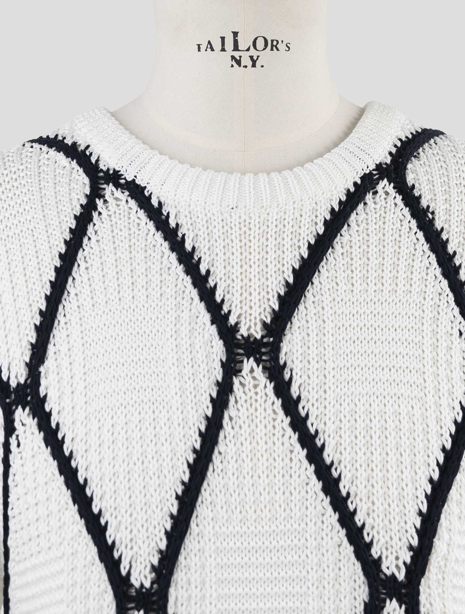 Kiton White Black Cotton Sweater Crewneck