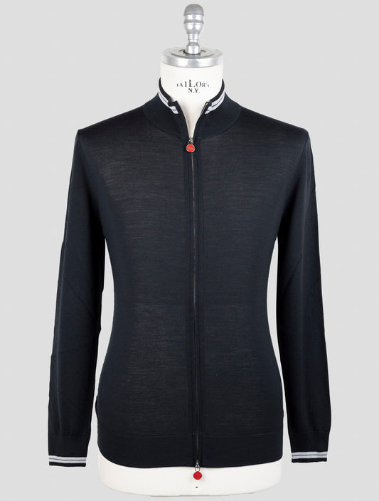 Kiton Black Diamante Blue Wool Sweater Full Zip