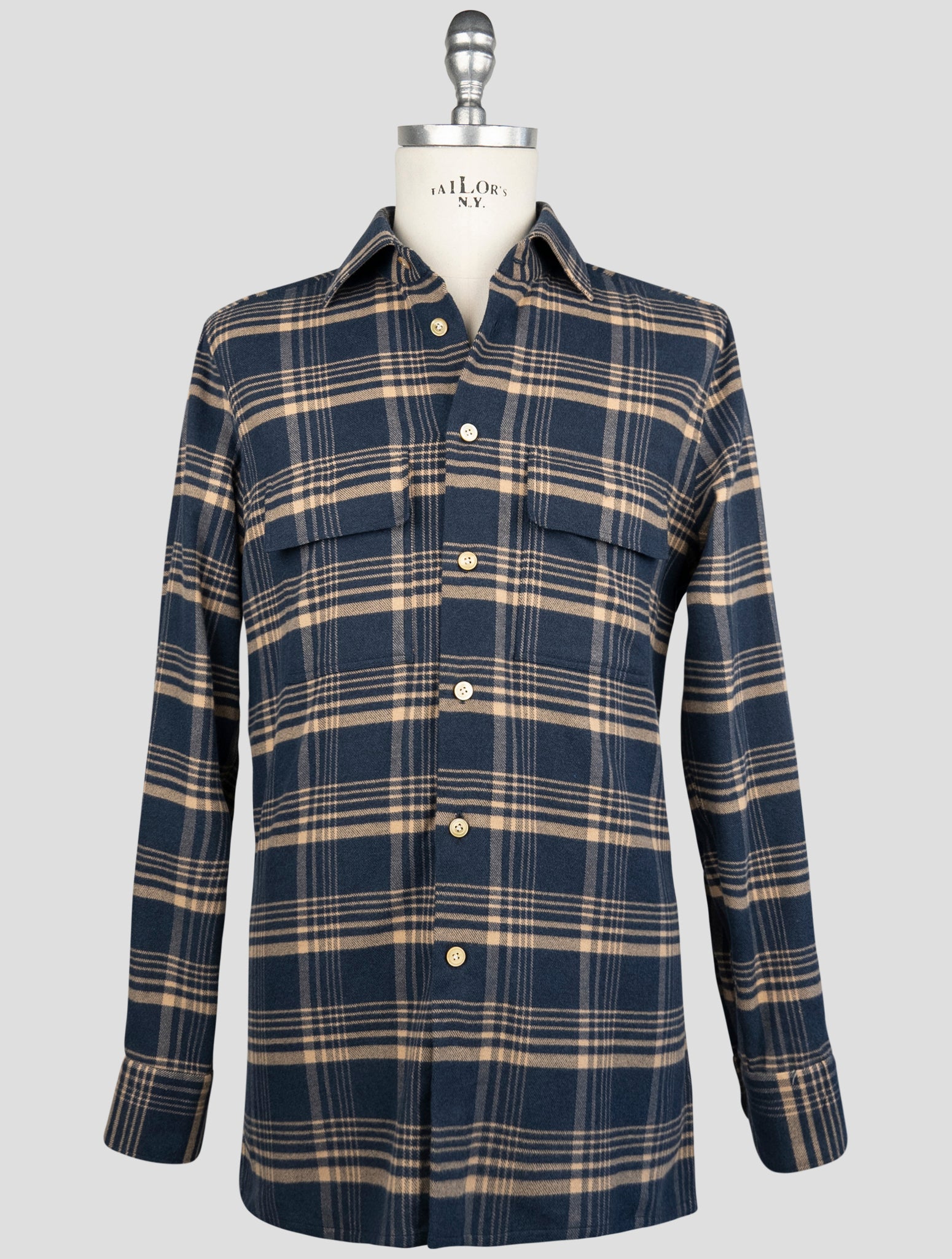 Kiton Blue beige Cotton Shirt