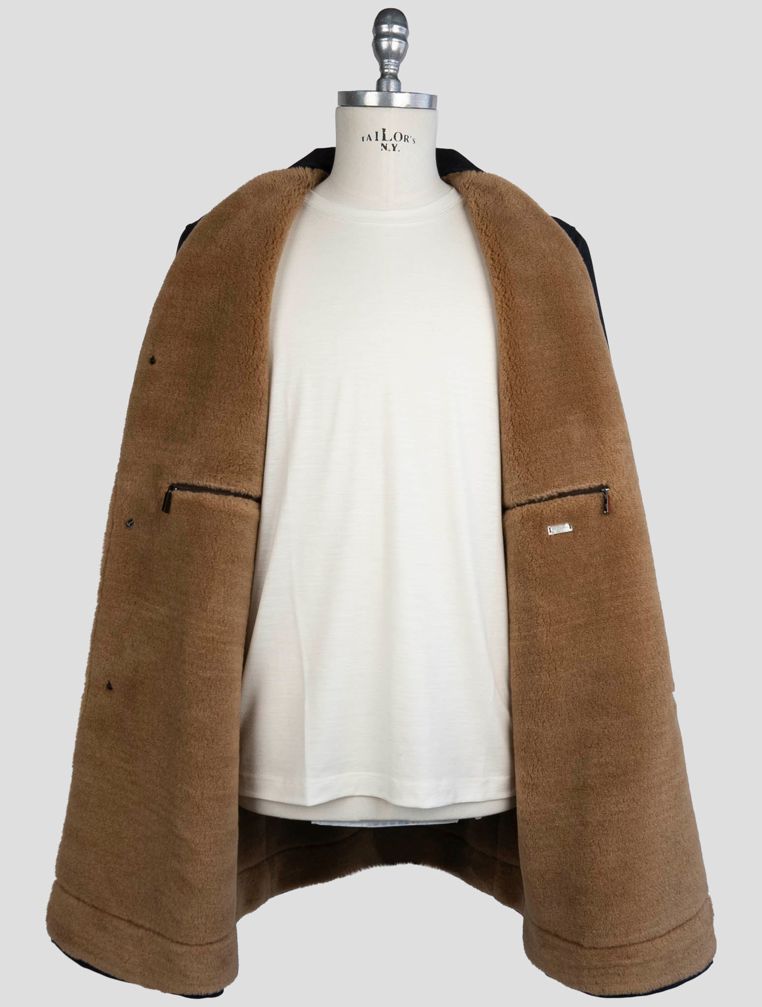 Kiton Blue Wool Pa Shearling Fur Overcoat