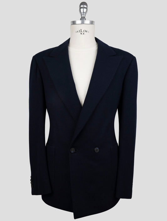 Kiton Knt Blue Virgin Wool Cotton Double Breasted Blazer