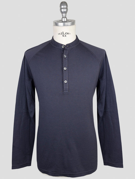 Kiton Blue Cotton Cashmere Sweater Polo Corean Collar