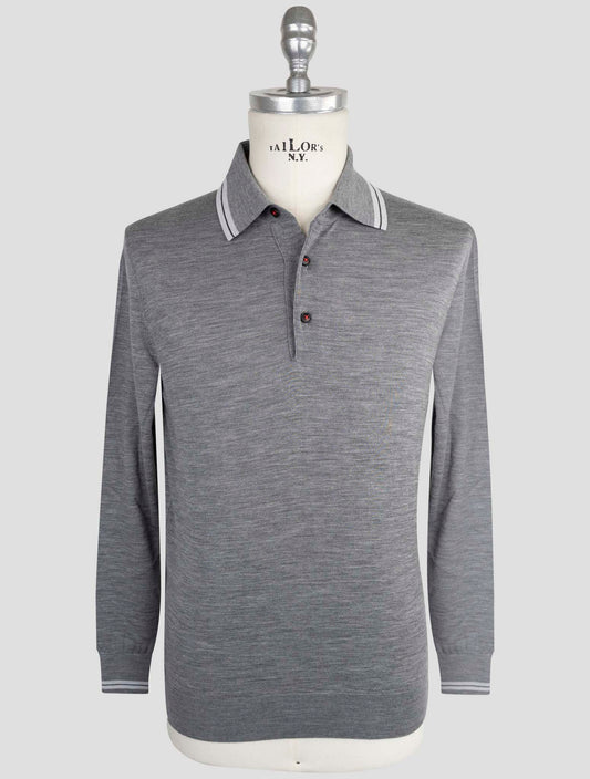 Kiton Gray Wool 14 Micron Diamante Blu Sweater Polo