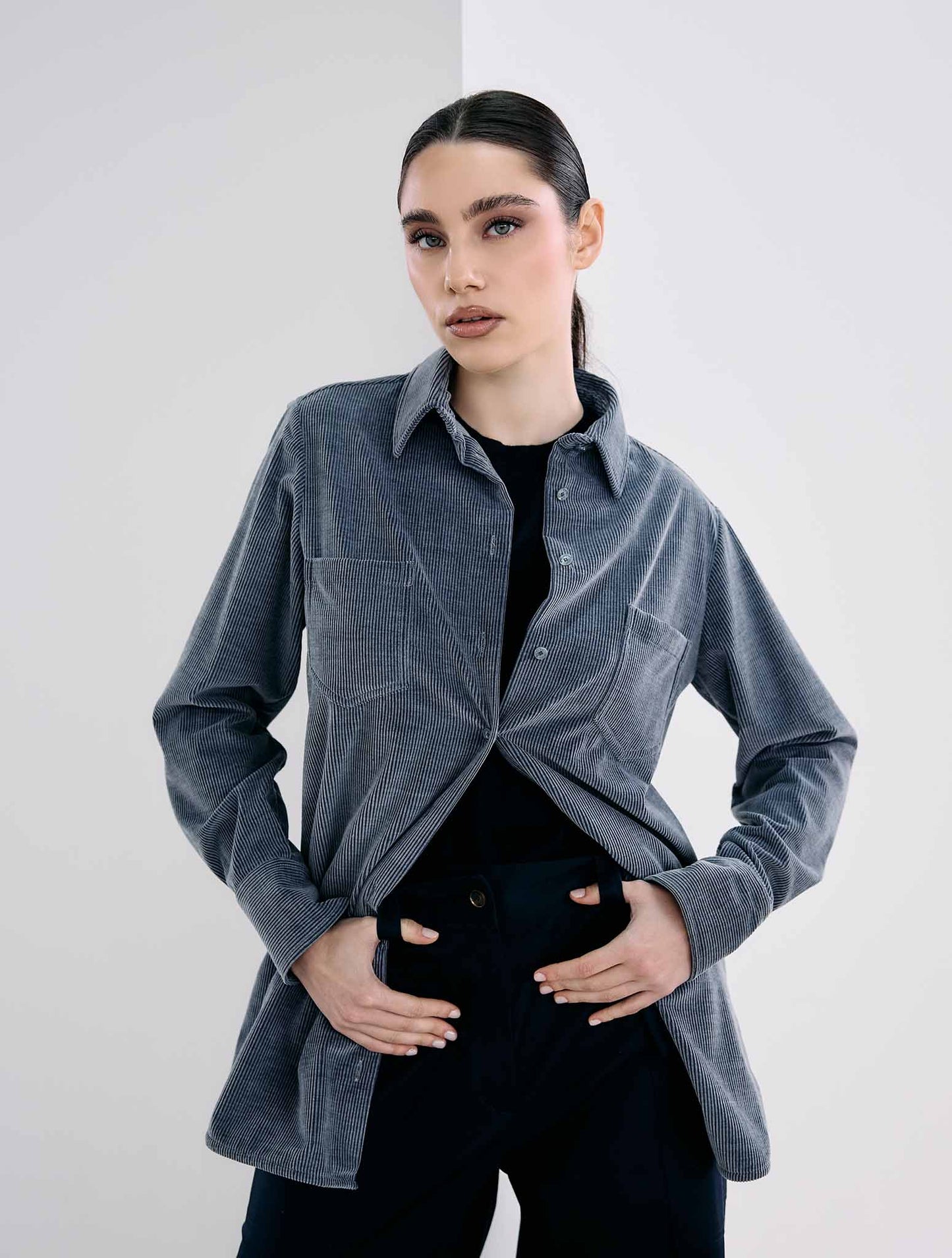 Kiton Gray Cotton Velvet Shirt