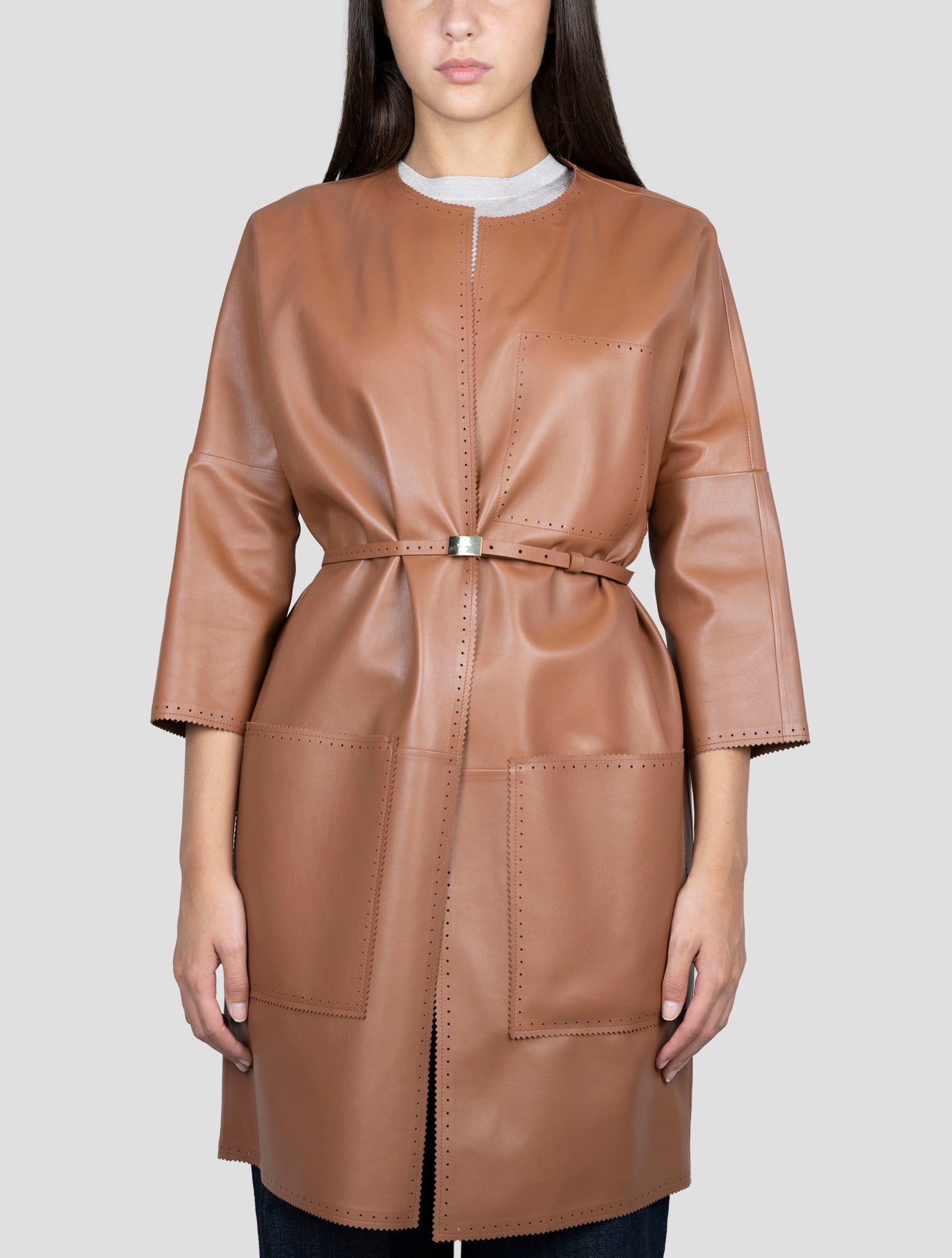 Kiton Brown Leather Overcoat