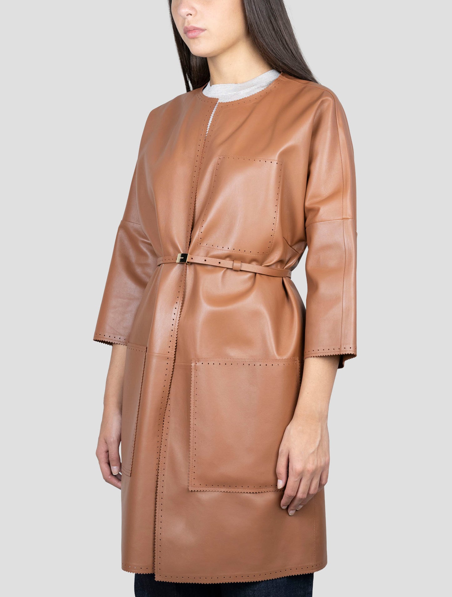 Kiton Brown Leather Overcoat