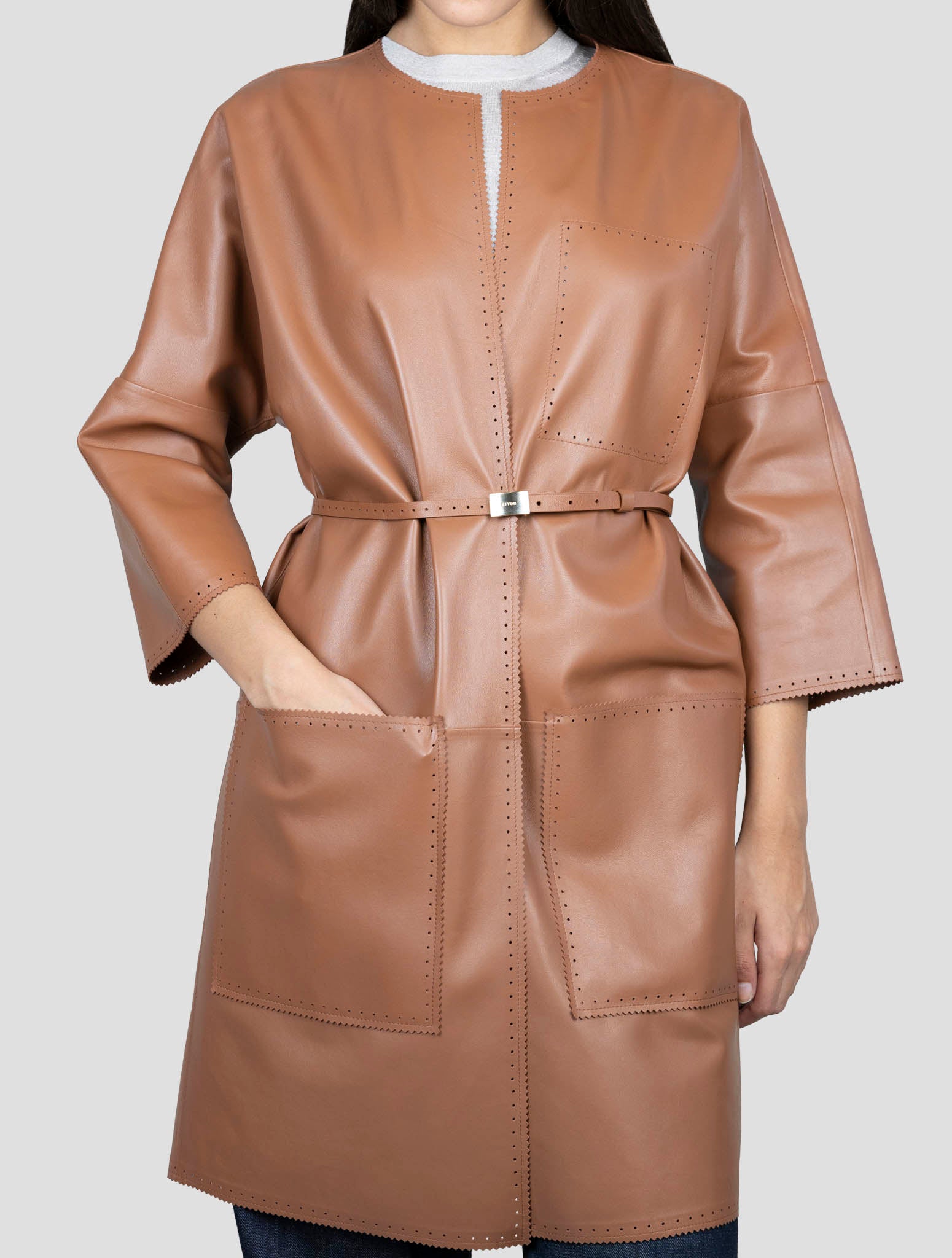 Kiton Brown Leather Overcoat