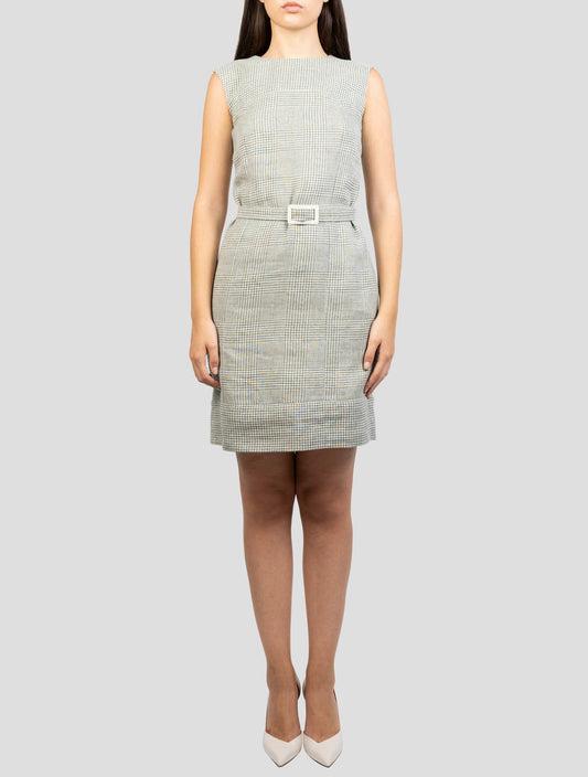 Kiton Green White Linen Wool Dress
