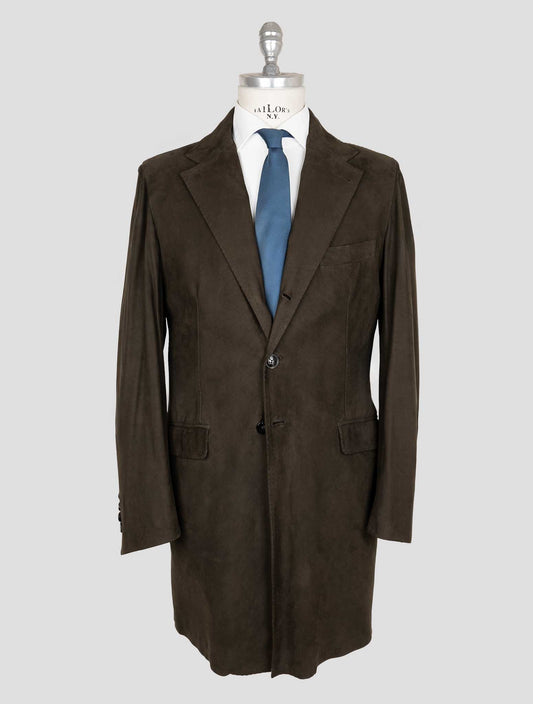 Kiton Brown Leather Suede Beaver Fur Overcoat