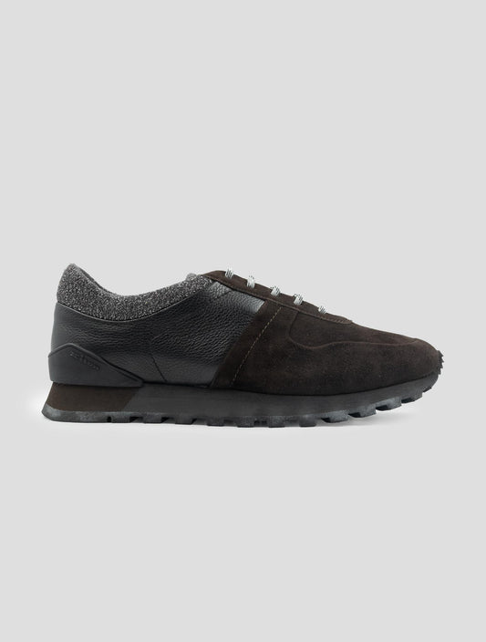 Kiton Brown Black Leather Suede Leather Sneakers
