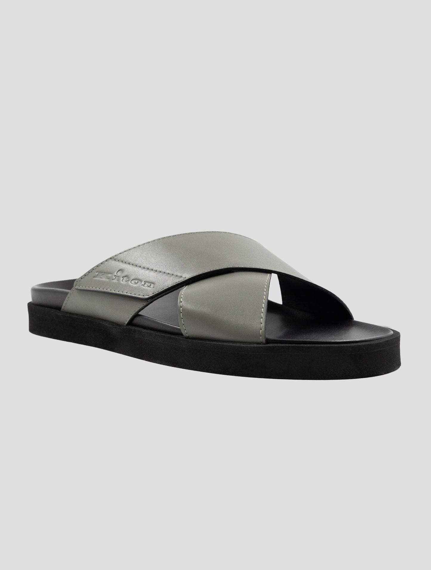 Kiton Gray Black Leather Slippers