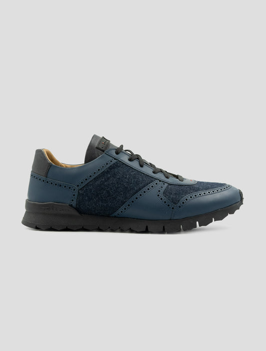 Kiton Dark Blue Virgin Wool Pa Leather With Fur Sneakers
