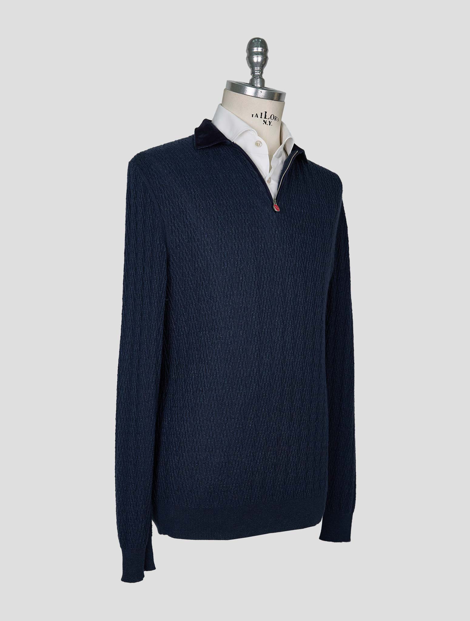 Kiton Blue Linen Cashmere Sweater Half Zip