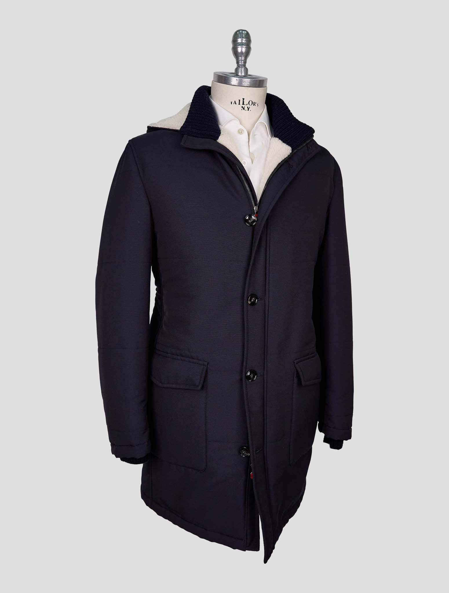 Kiton Blue Wool Pa With Fur Overcoat