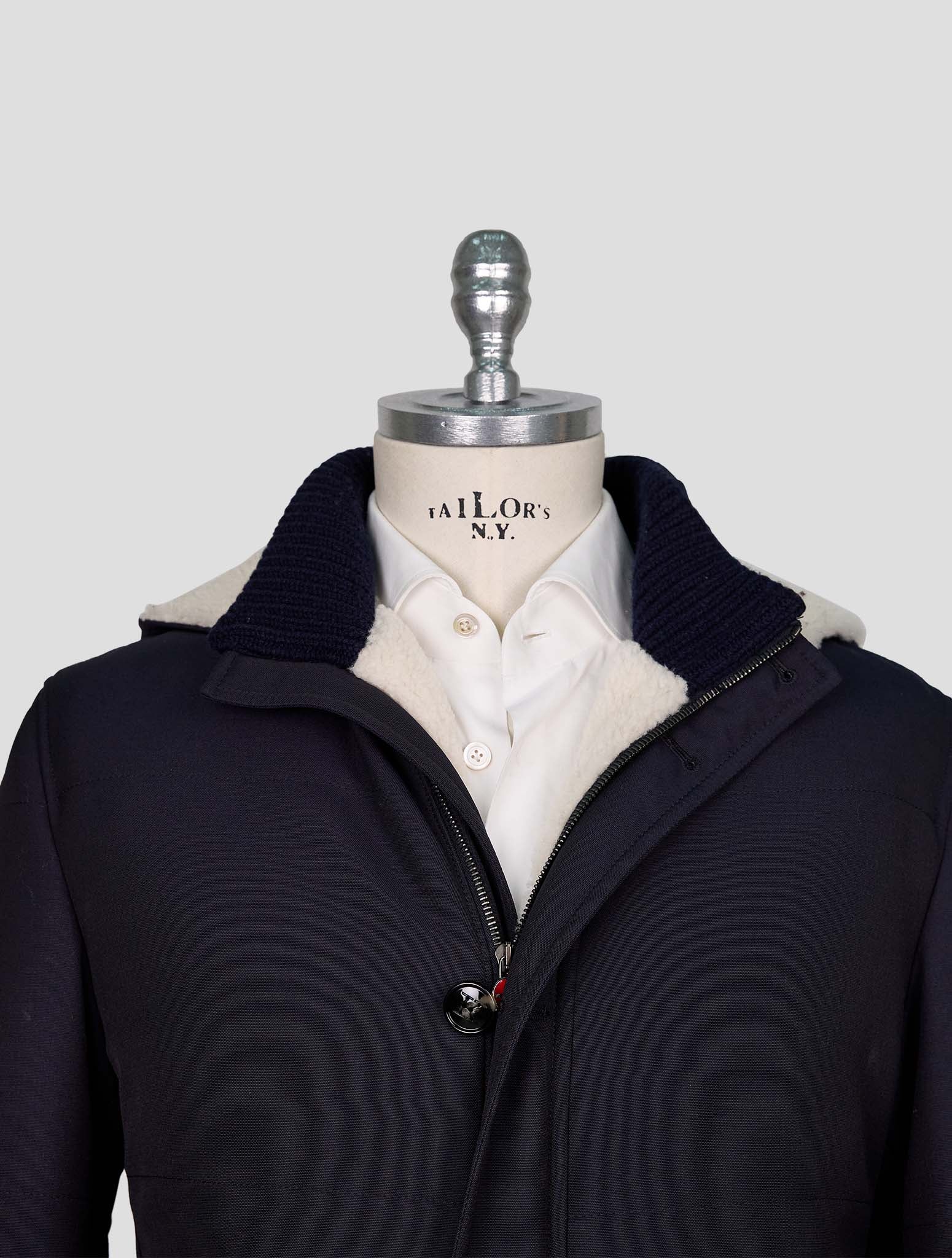 Kiton Blue Wool Pa With Fur Overcoat