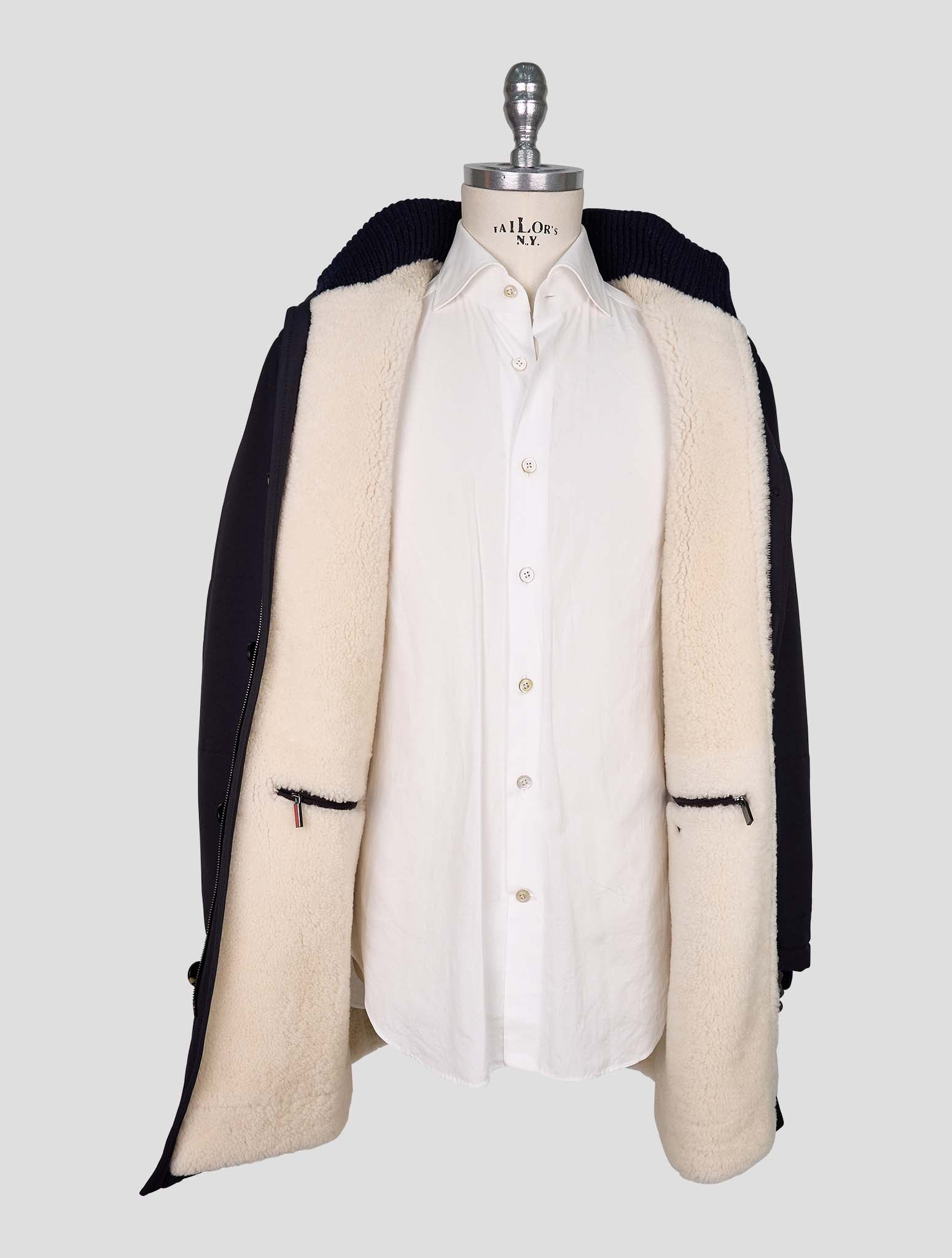 Kiton Blue Wool Pa With Fur Overcoat