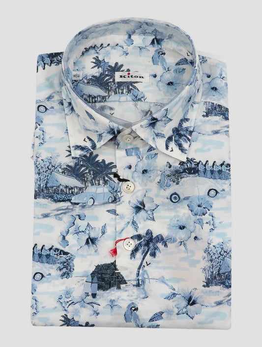 Kiton Light Blue White Cotton Shirt Polo Positano