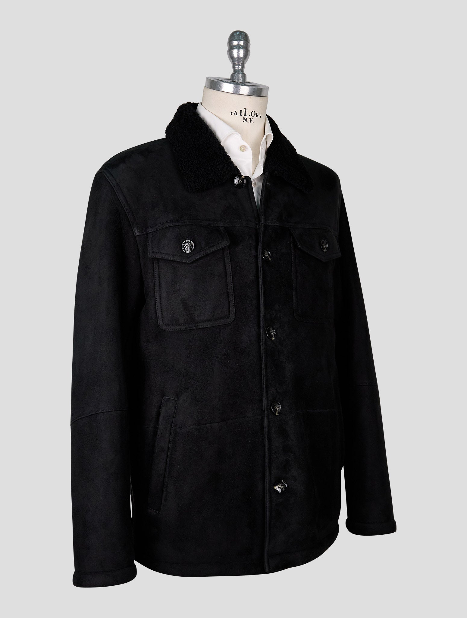 Kiton Black Leather Shearling Coat