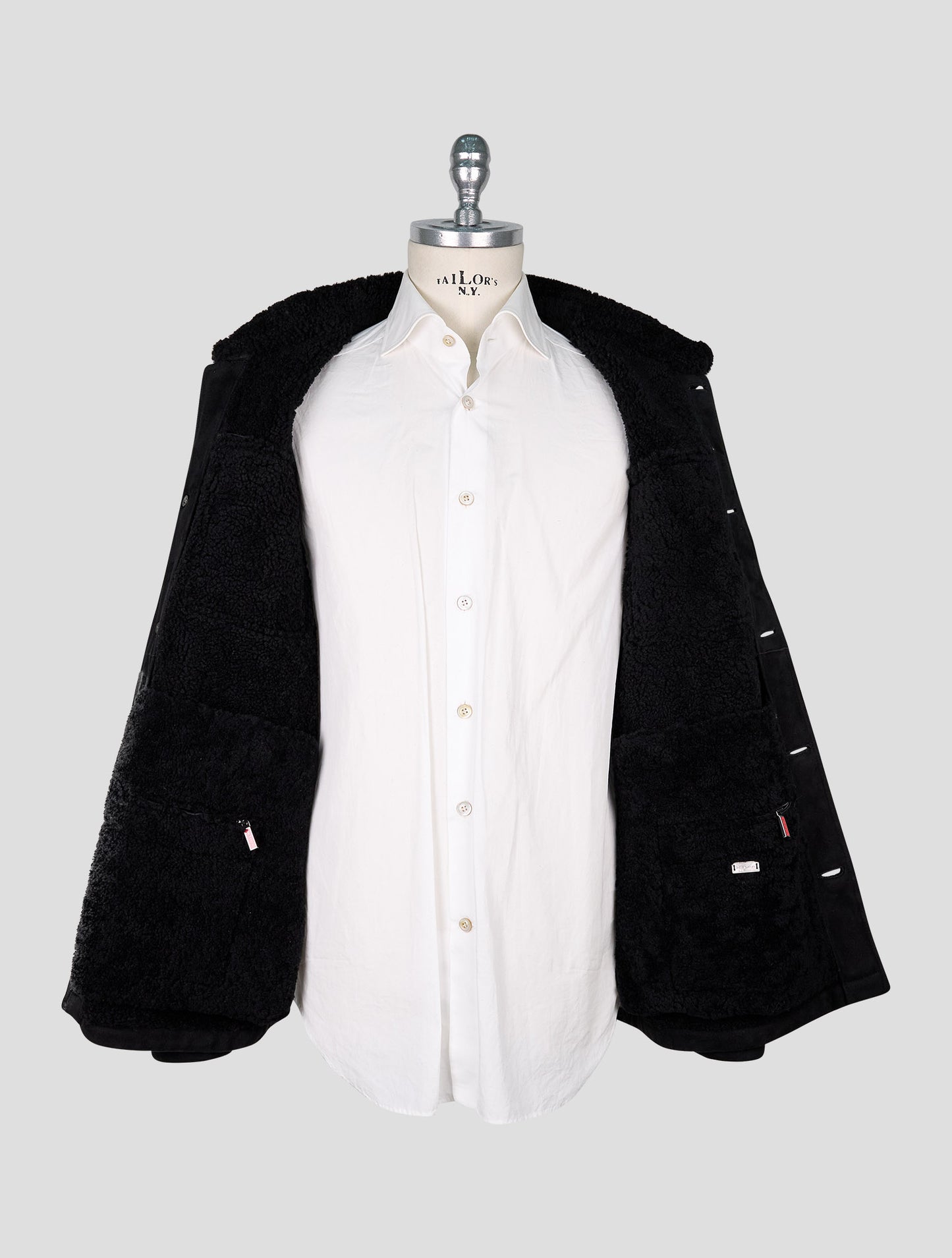 Kiton Black Leather Shearling Coat