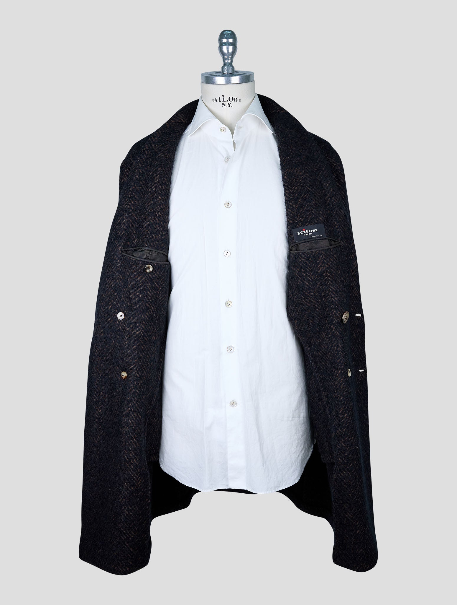 Kiton Brown Black Virgin Wool Cashmere Silk Overcoat